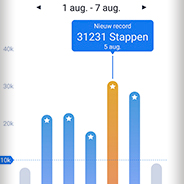 Gemiddeld heb ik 19.879 stappen gezet per dag waarbij donderdag een uitschieter was met 31.231 stappen, screenshot © Stappenteller